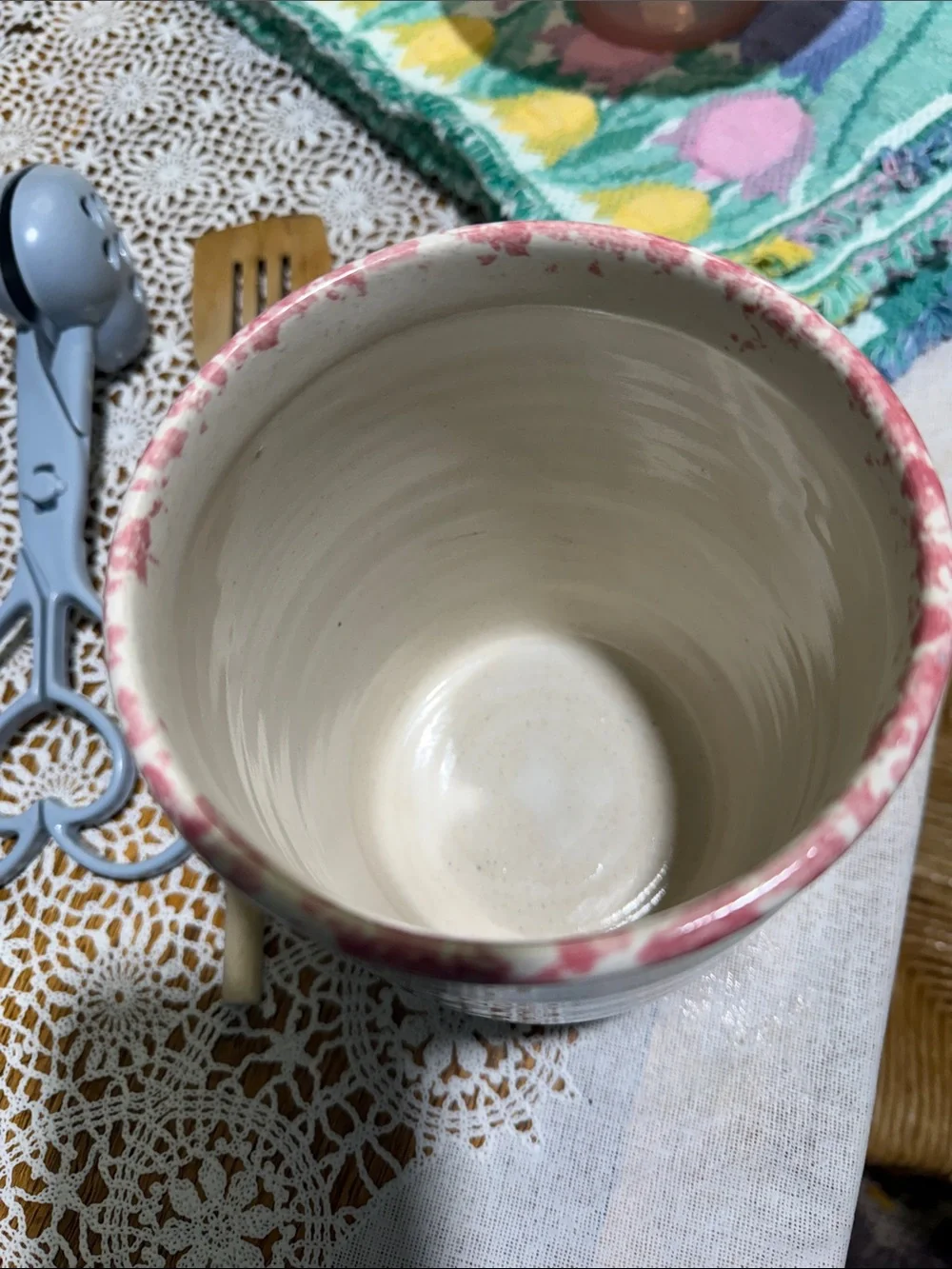 Vintage stoneware crock Utensil Holder cottagecore  Floral pink sponge-ware